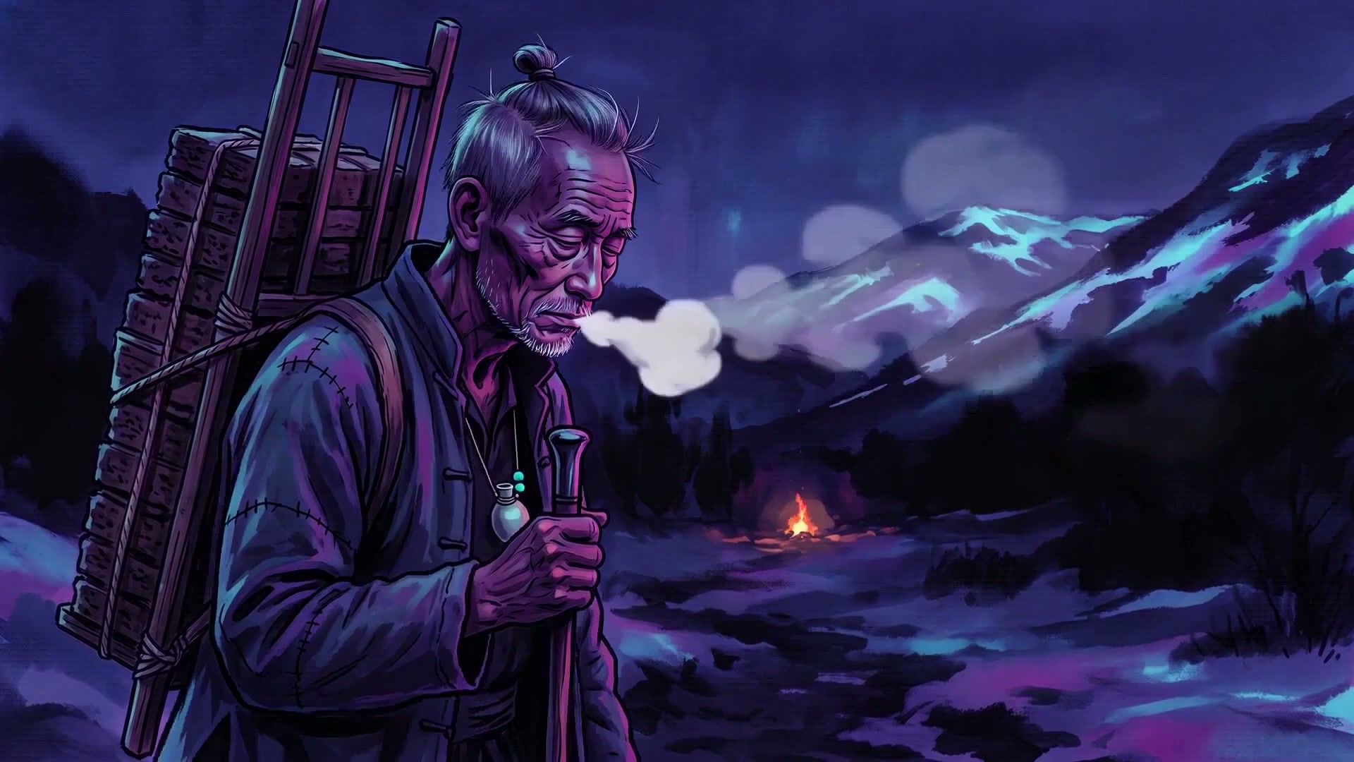 Close on an older porter at night. He carries a wooden load frame of pressed tea bricks on his back, holds a staff, and breathes out into the cold.