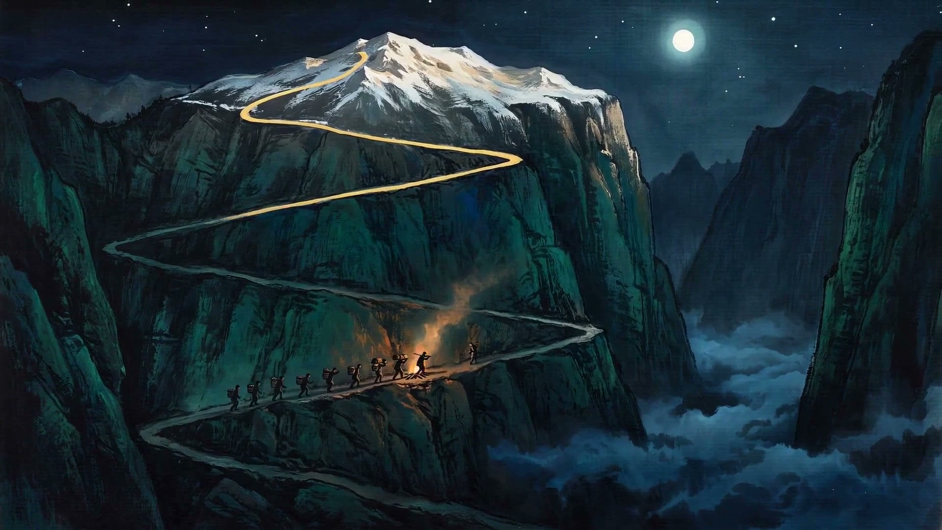A switchback road cut into a cliff at night. A line of tea porters walks past a small fire, tiny against the drop, under a snow covered peak and a full moon.